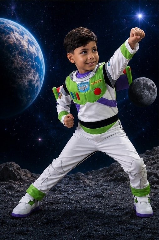 Lucas Henrique em pose de aventura em um cenário espacial