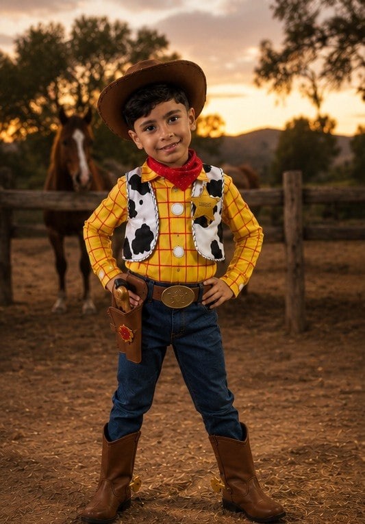 Lucas Henrique em pé em um cenário faroeste com cavalo ao fundo